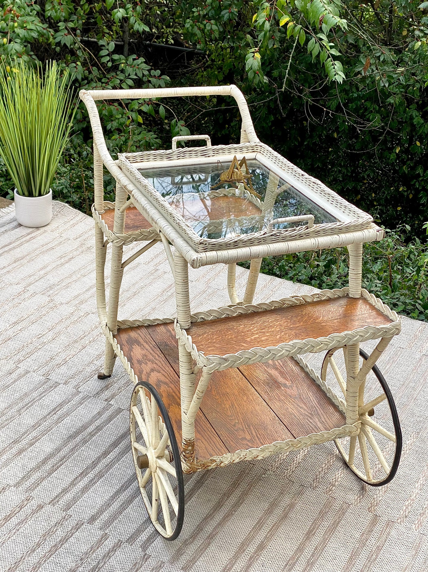 Vintage Wicker Glass Bar Cart