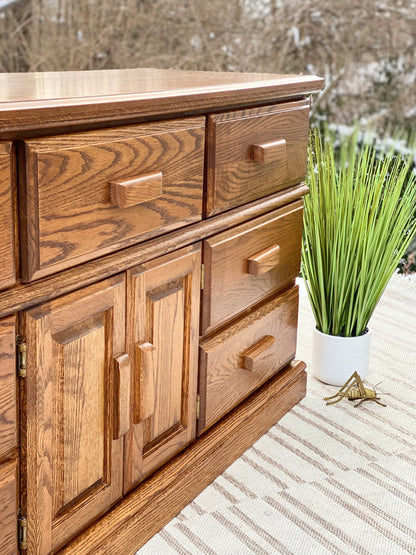 Vintage Oak 9 Drawer Long Dresser