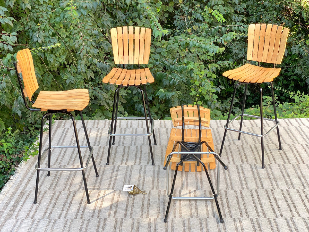 Vintage Set of 4 Arthur Umanoff Style Slatted Wood Barstools