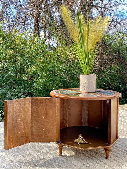 Vintage Round Wooden Glass Top Side Table