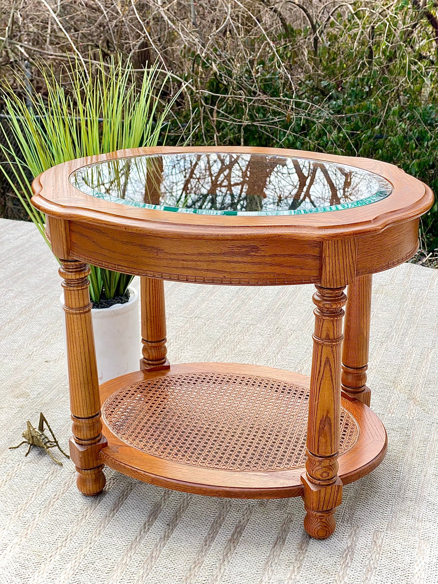 Vintage Wooden Glass Top Oval Side Table