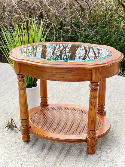 Vintage Wooden Glass Top Oval Side Table