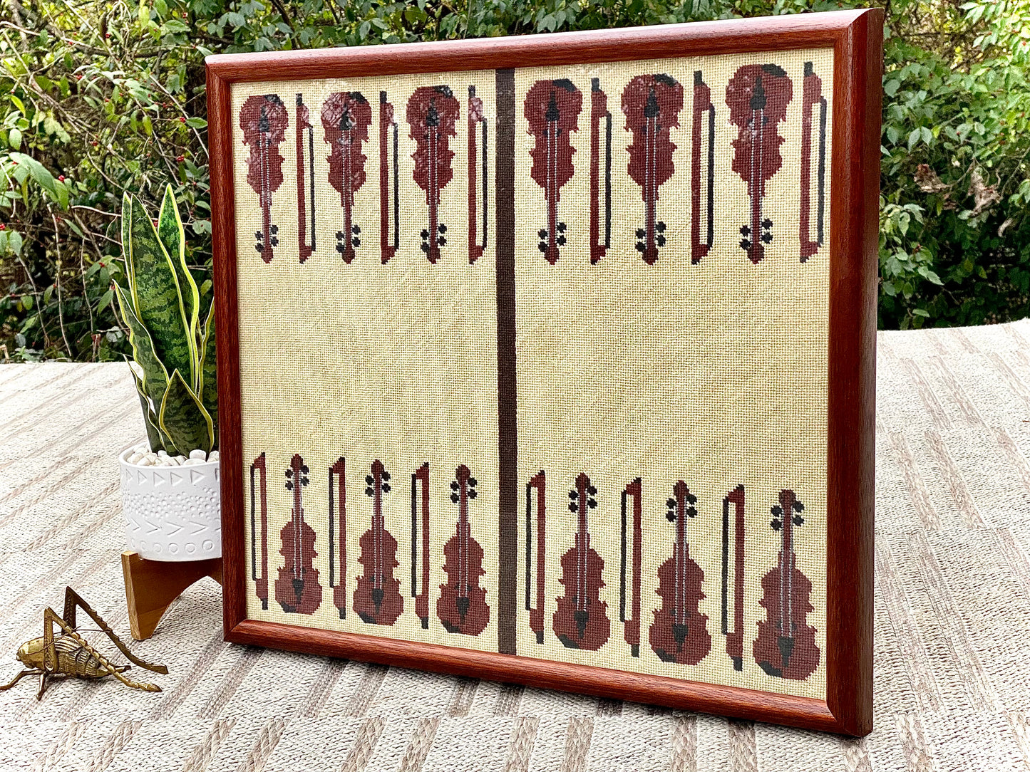 Vintage Handmade Needlepoint Backgammon Violin Framed Art