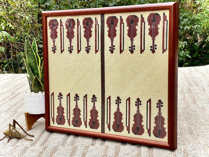 Vintage Handmade Needlepoint Backgammon Violin Framed Art