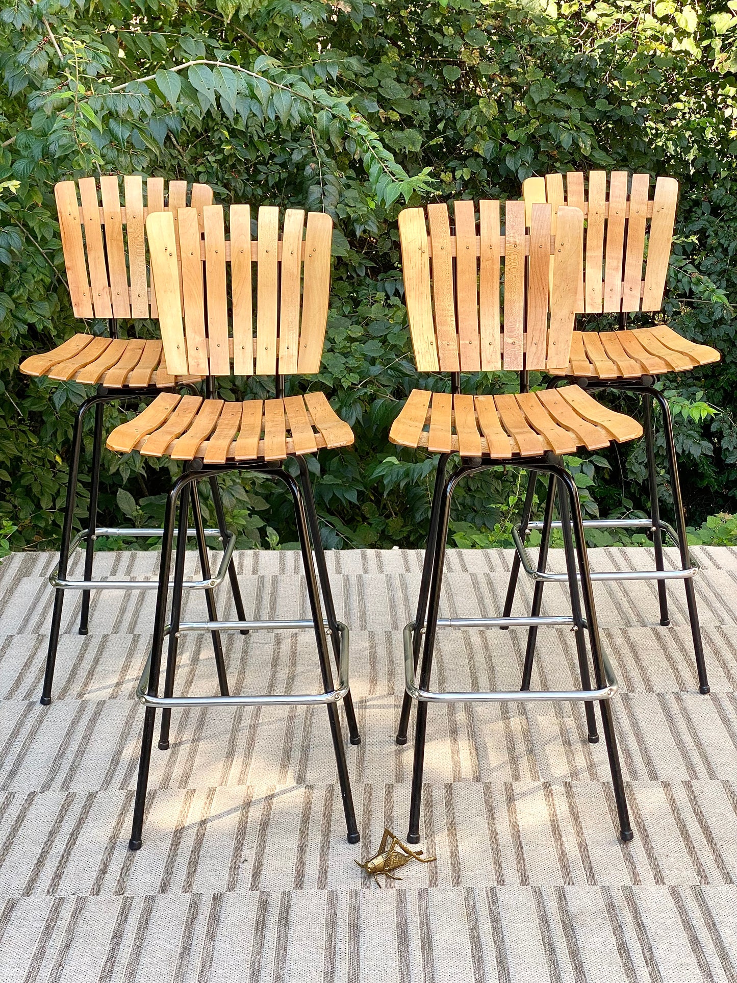 Vintage Set of 4 Arthur Umanoff Style Slatted Wood Barstools