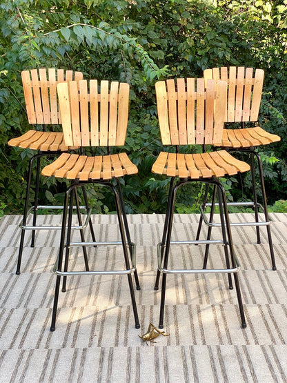 Vintage Set of 4 Arthur Umanoff Style Slatted Wood Barstools
