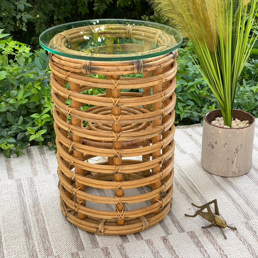 Vintage Rattan Glass Side Table