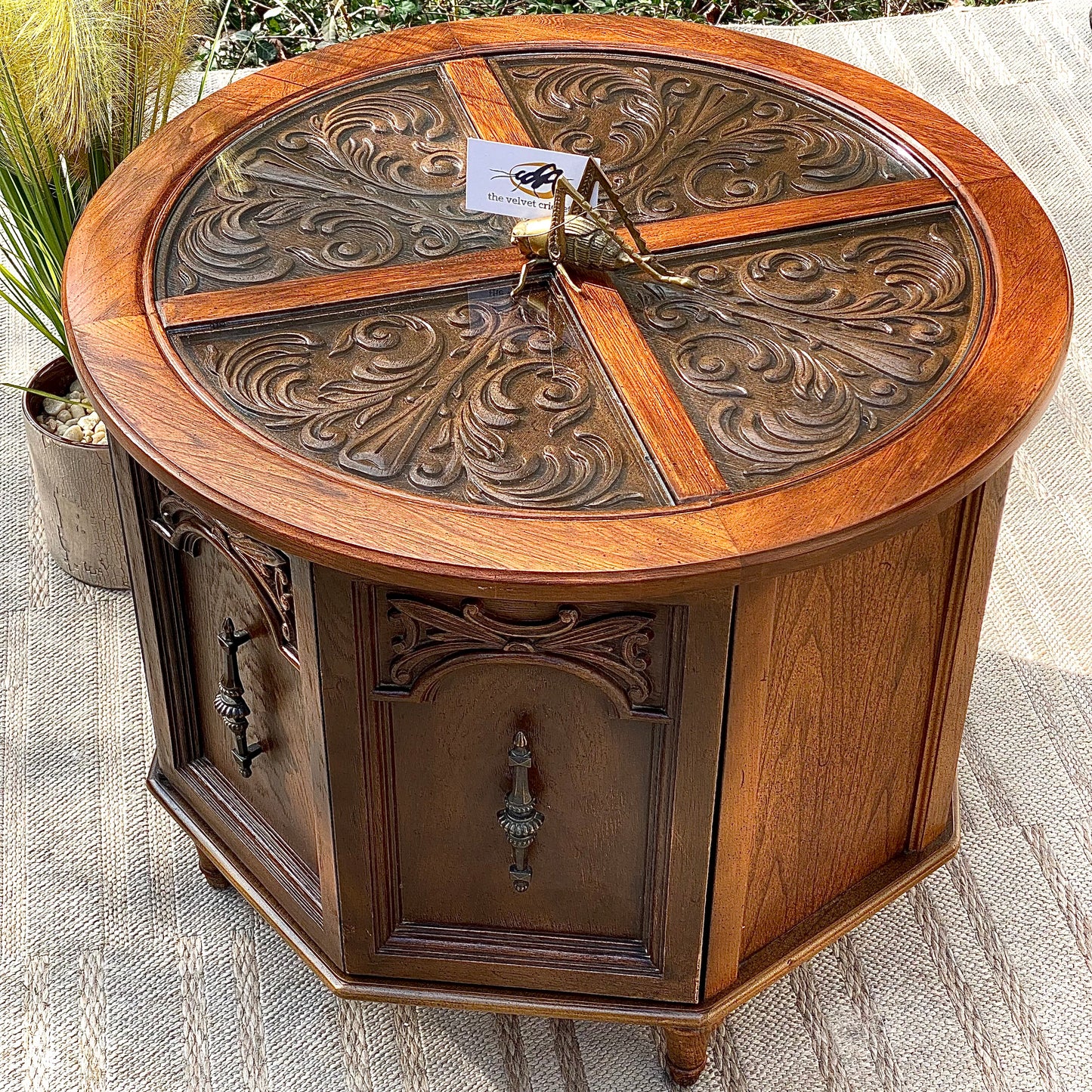 Vintage Round Wooden Glass Top Side Table