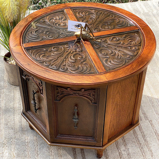 Vintage Round Wooden Glass Top Side Table