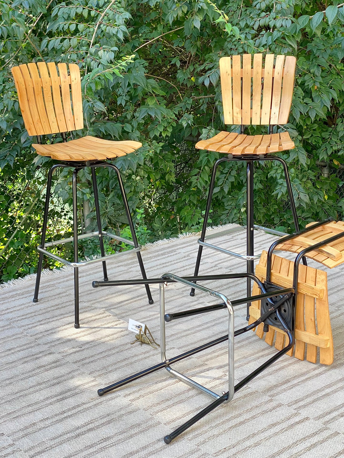 Vintage Set of 4 Arthur Umanoff Style Slatted Wood Barstools