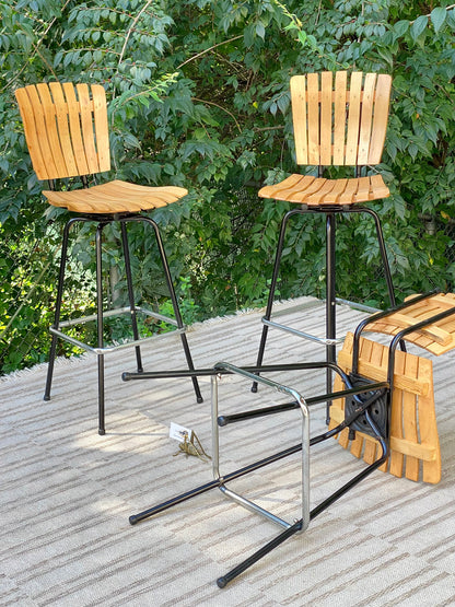 Vintage Set of 4 Arthur Umanoff Style Slatted Wood Barstools