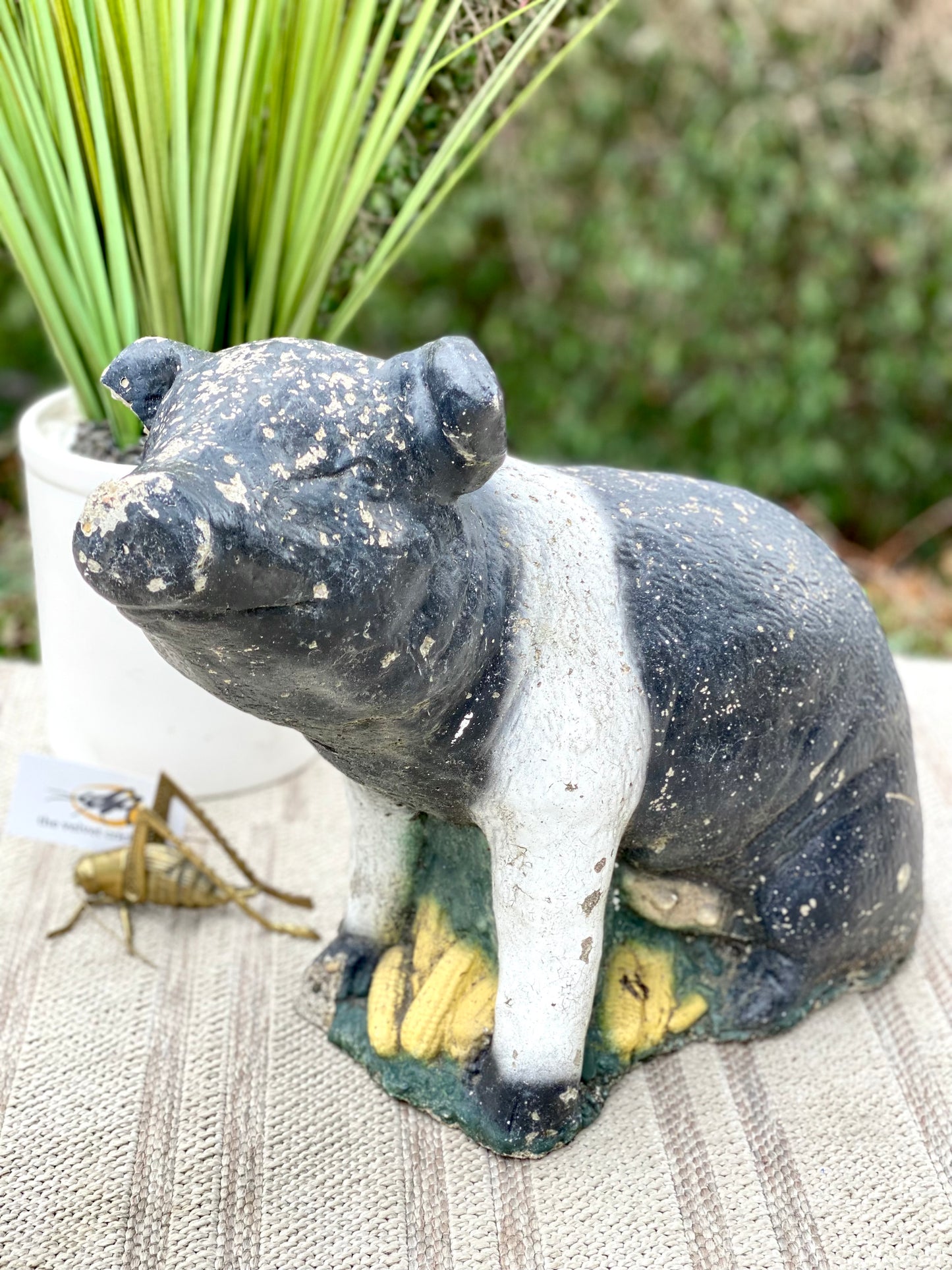 Vintage Concrete Black & White Pig Statue