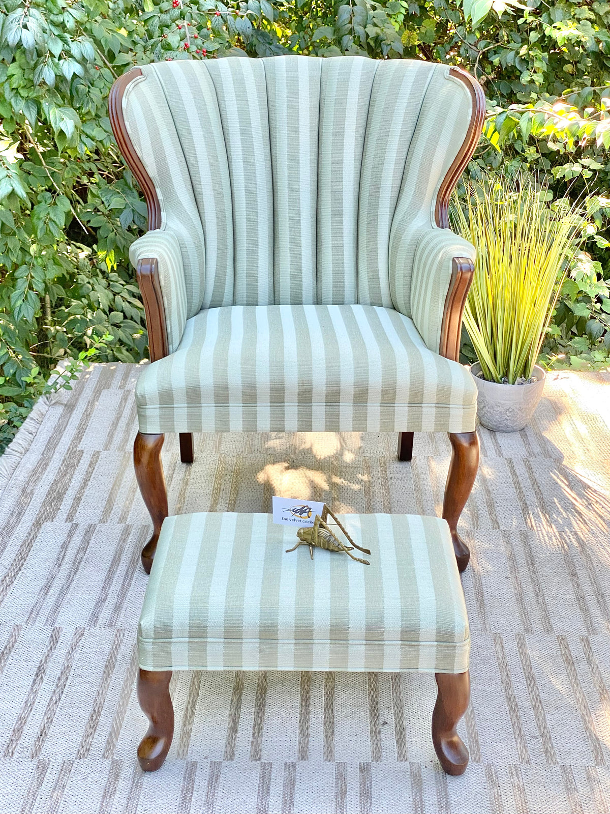 Upholstered Striped Wingback Occasional Chair & Ottoman