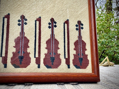 Vintage Handmade Needlepoint Backgammon Violin Framed Art