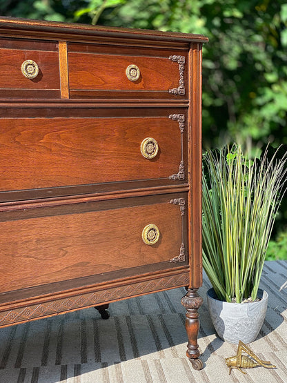 Vintage Wooden Walnut 5 Drawer Dresser