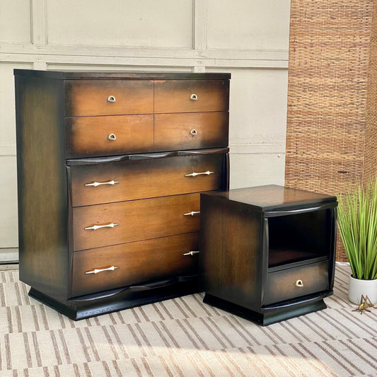 Vintage MCM Kent Coffey Highboy Dresser and Side Table