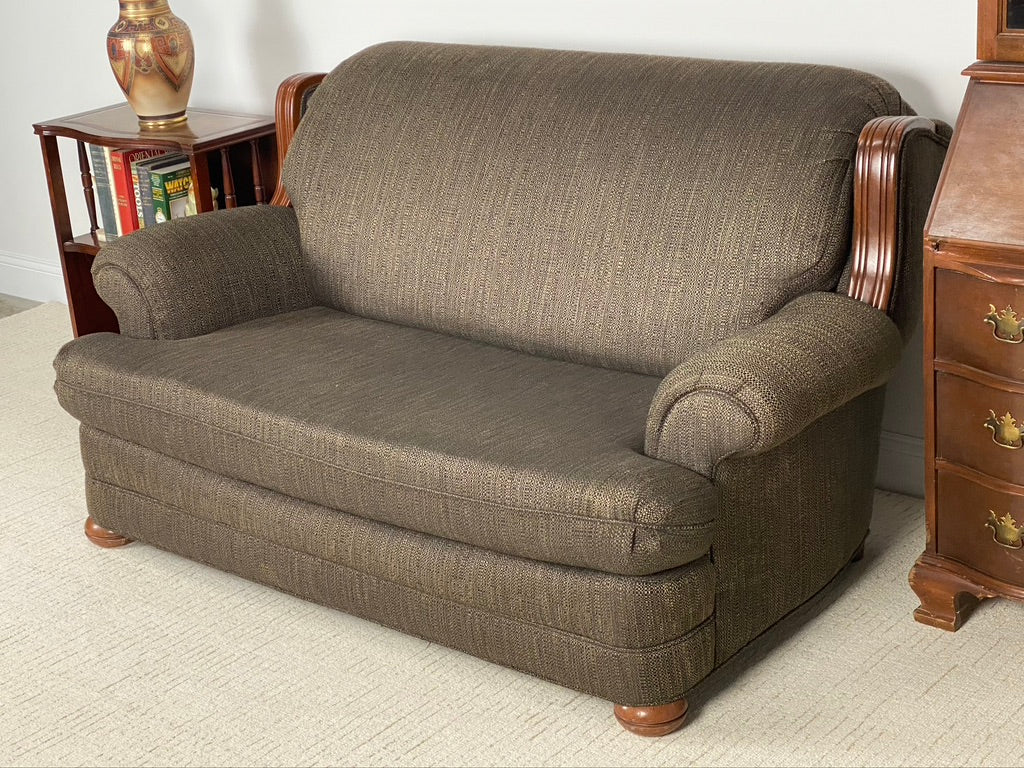 Gray Fabric Sofa with Wood Accents
