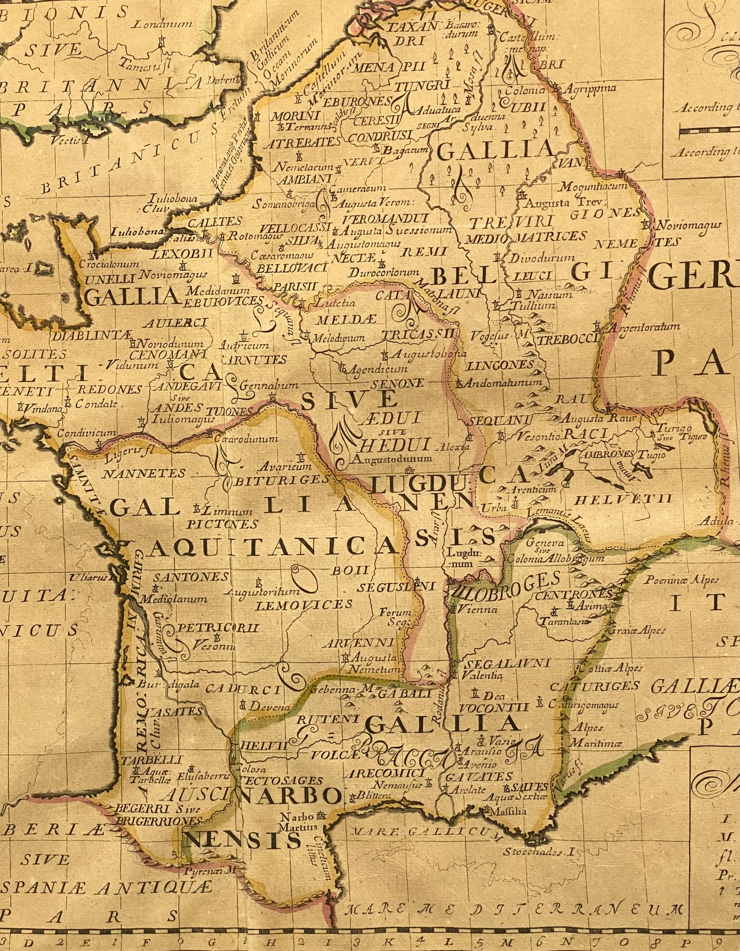 Antique 1700 Ancient Framed Map of Gaul