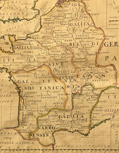 Antique 1700 Ancient Framed Map of Gaul