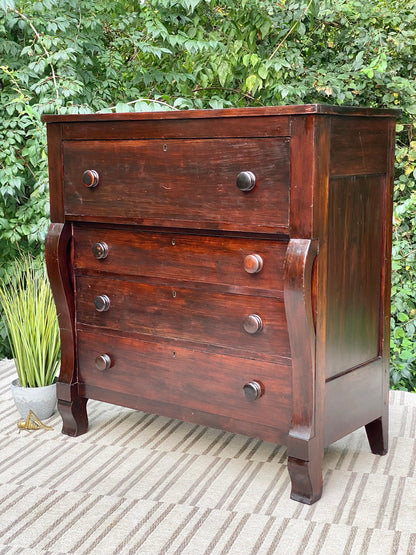 Vintage Wooden Empire Style 4 Drawer Highboy Dresser
