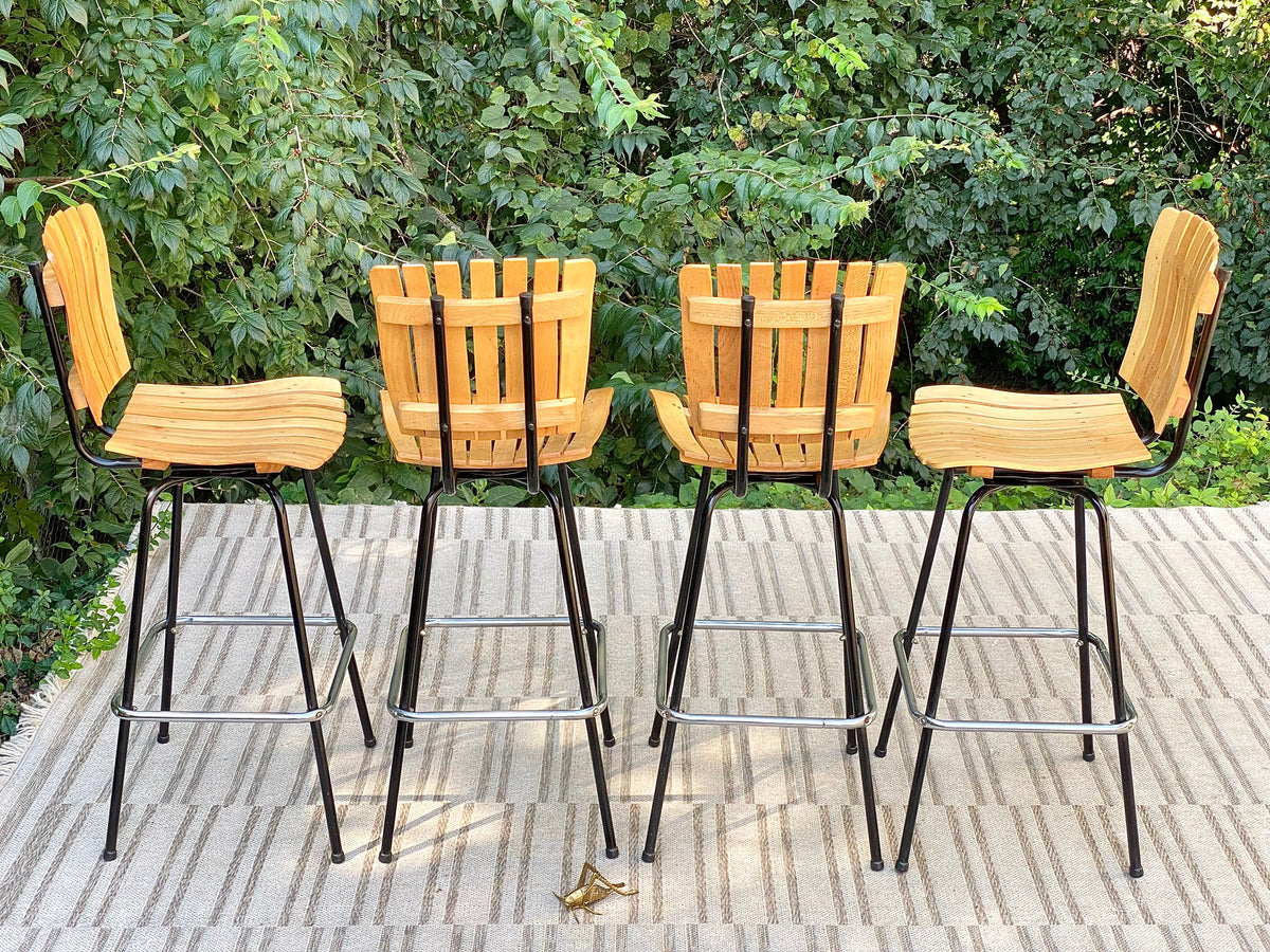 Vintage Set of 4 Arthur Umanoff Style Slatted Wood Barstools