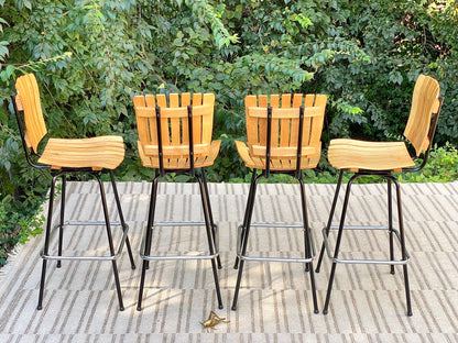 Vintage Set of 4 Arthur Umanoff Style Slatted Wood Barstools