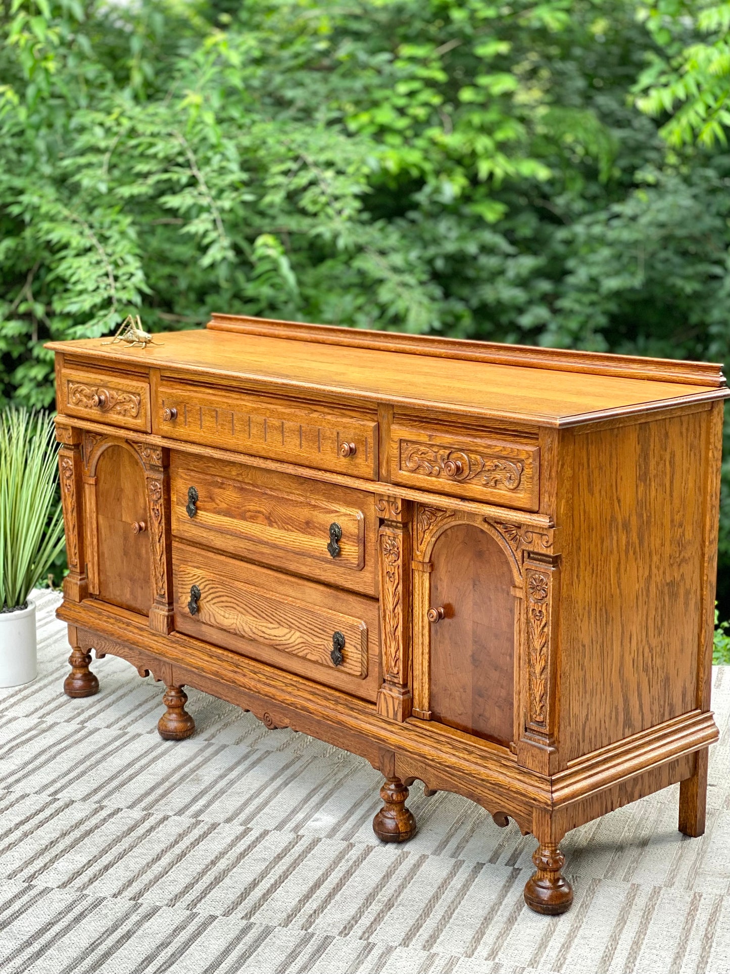 Vintage Long Wooden Buffet Credenza