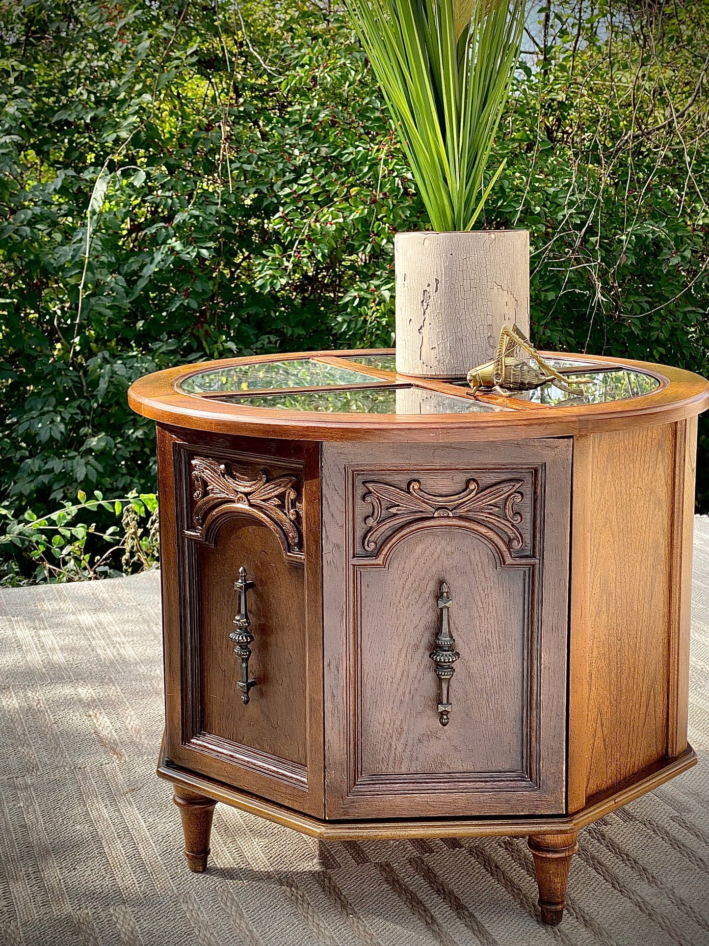 Vintage Round Wooden Glass Top Side Table