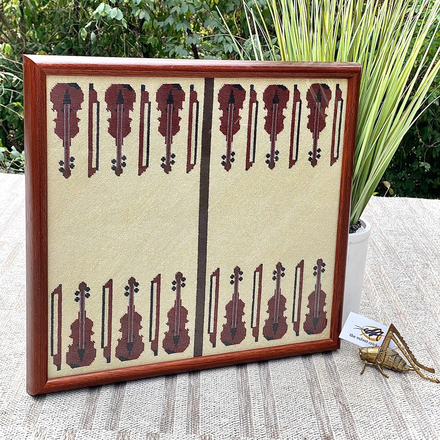 Vintage Handmade Needlepoint Backgammon Violin Framed Art