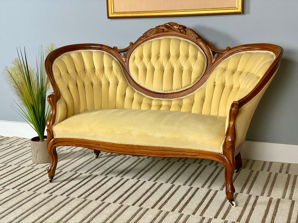 Antique Carved Walnut Upholstered Settee