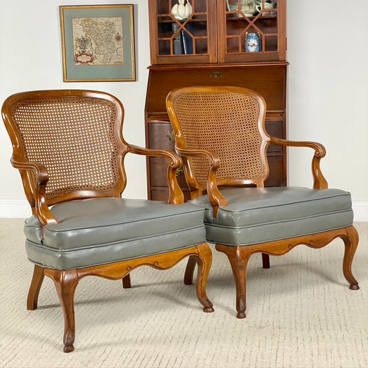 Vintage Pair of Mid Century Wicker Leather Chairs
