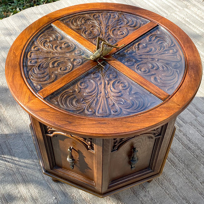 Vintage Round Wooden Glass Top Side Table