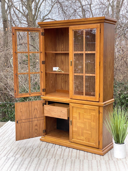 Vintage Wooden 2 Piece Lighted Hutch