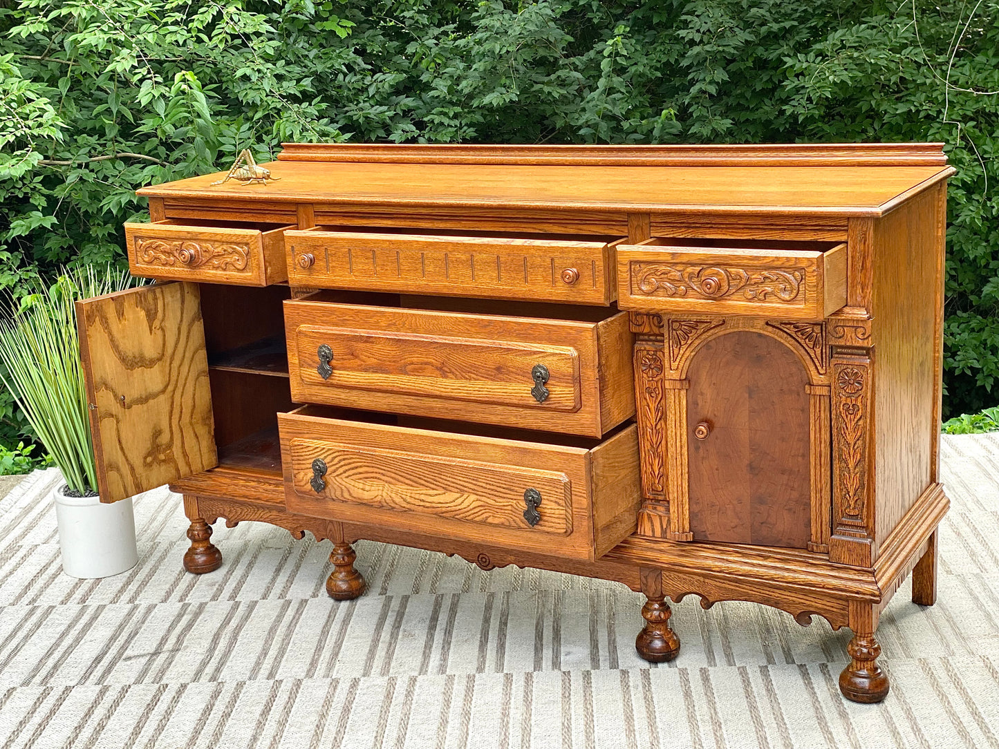 Vintage Long Wooden Buffet Credenza