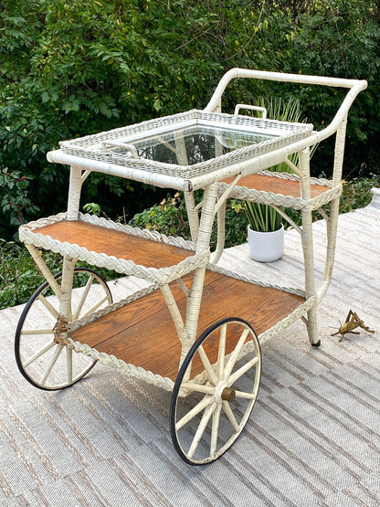 Vintage Wicker Glass Bar Cart