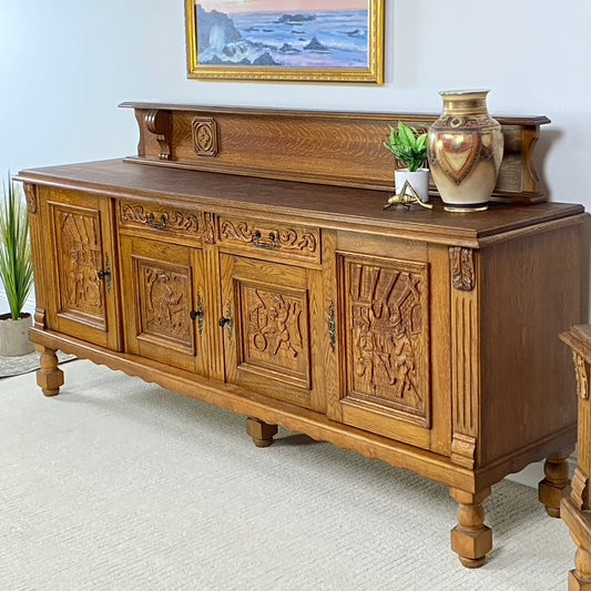 Hand Carved Oak Sideboard Buffet and Plate Rack