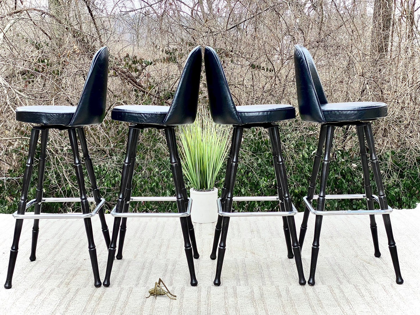 Vintage MCM Black Vinyl Wood Bar Stools