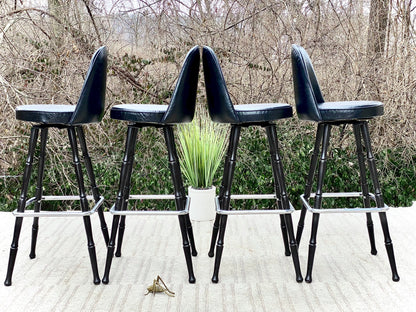 Vintage MCM Black Vinyl Wood Bar Stools