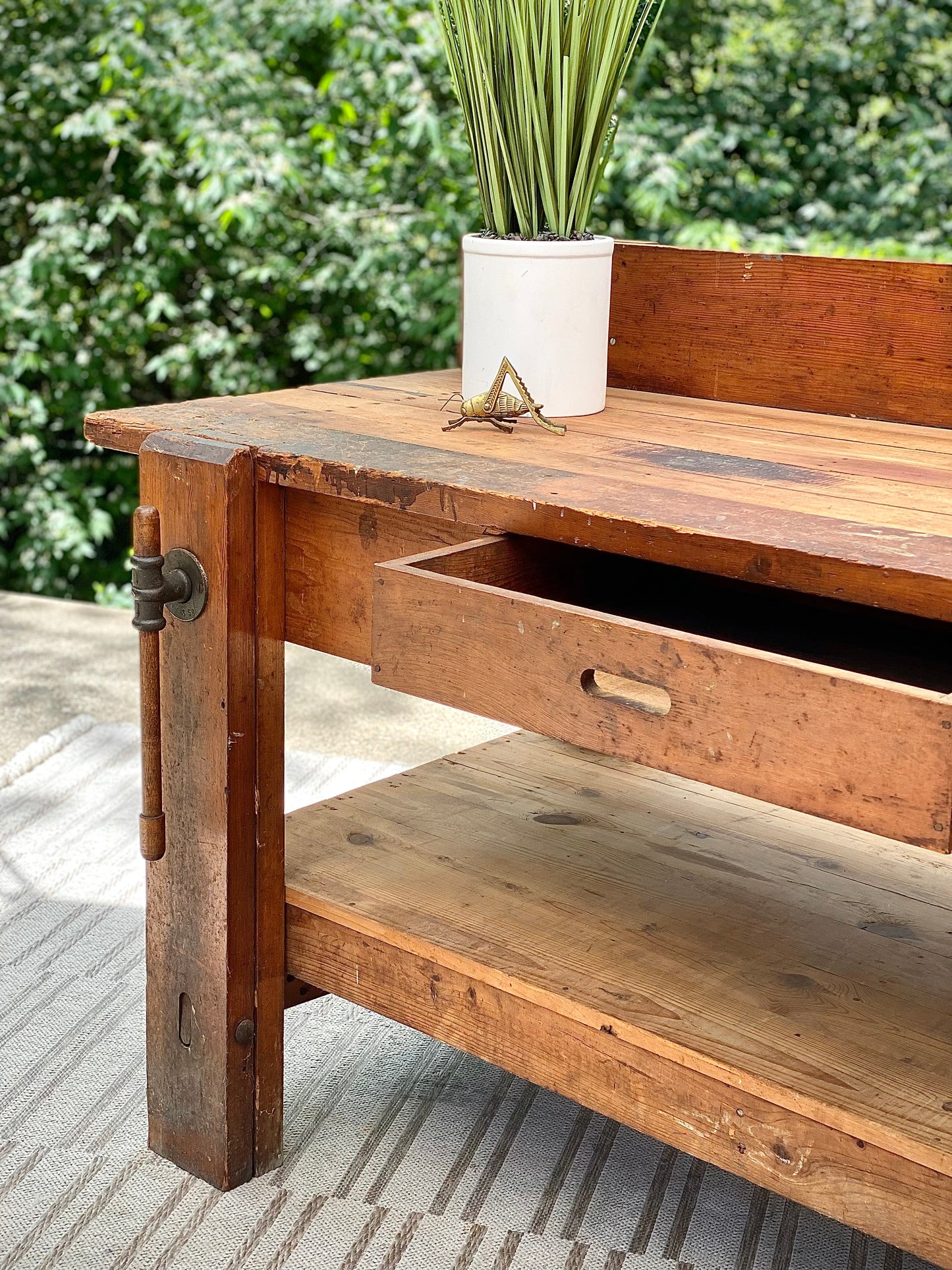 Vintage Wooden Work Bench with Vise