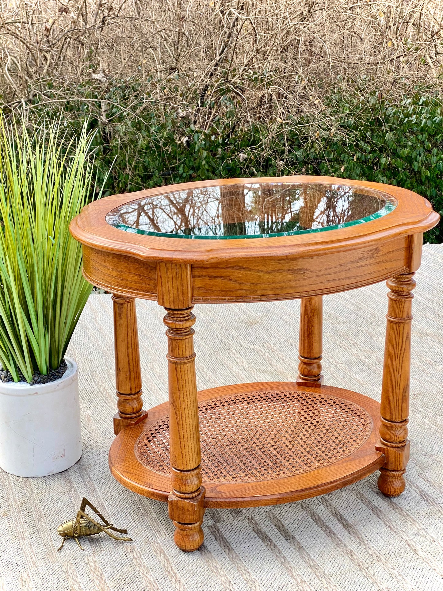 Vintage Wooden Glass Top Oval Side Table