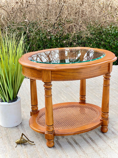Vintage Wooden Glass Top Oval Side Table