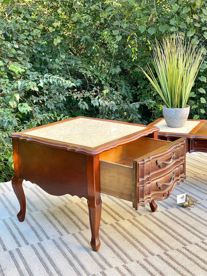 Vintage French Provincial Marble Top Coffee and Side Table Set