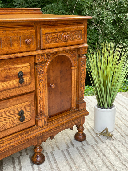 Vintage Long Wooden Buffet Credenza