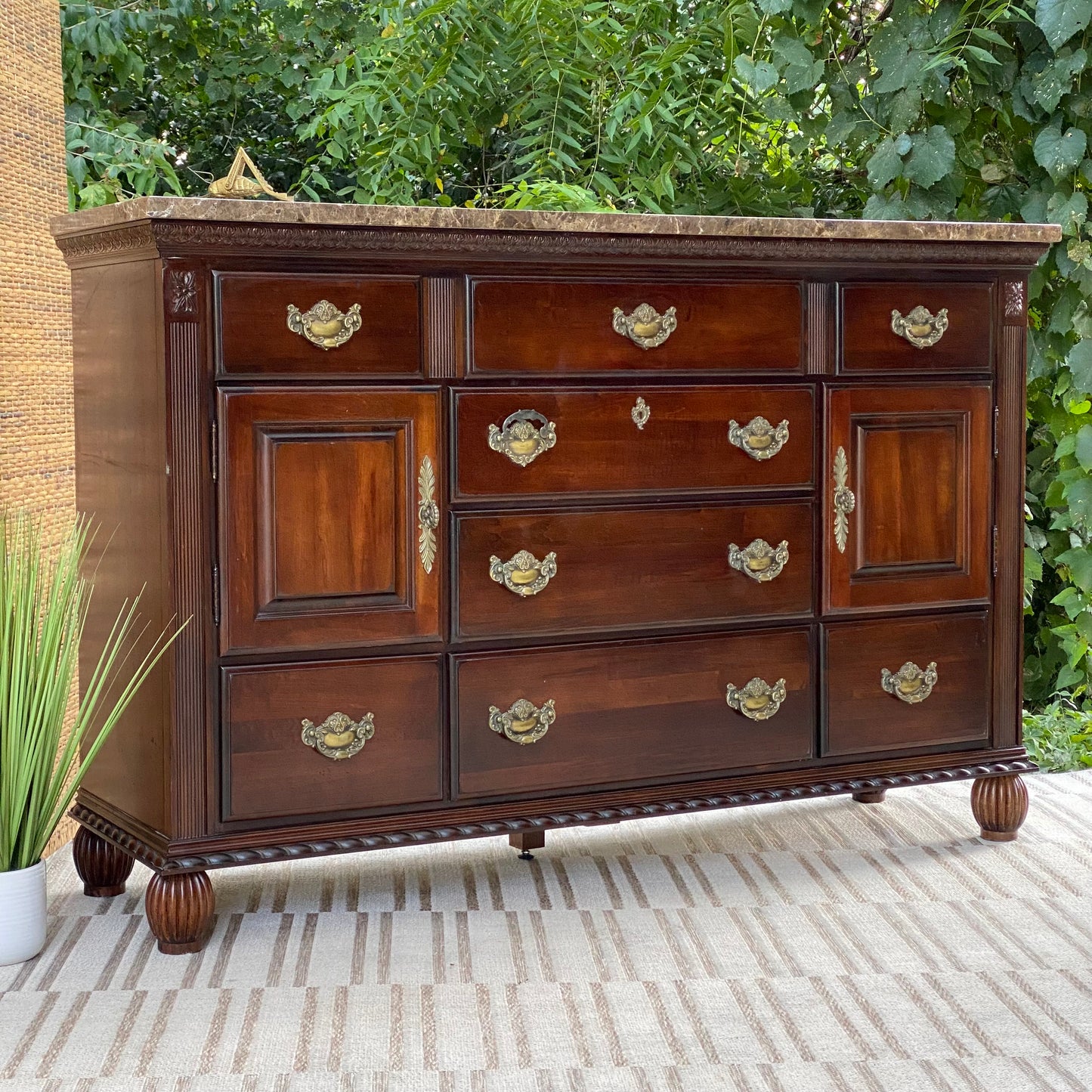 Modern Wooden Marble Top Credenza