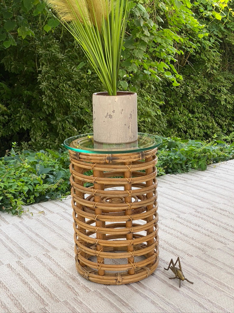 Vintage Rattan Glass Side Table