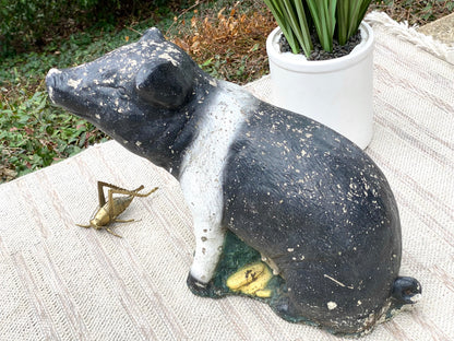 Vintage Concrete Black & White Pig Statue