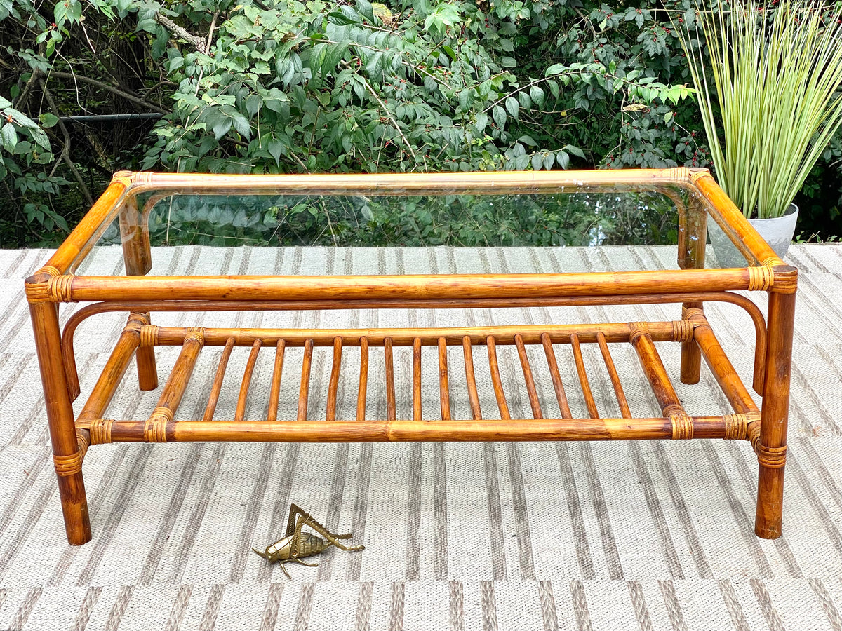 Vintage Bamboo Rattan Glass Top Coffee Table
