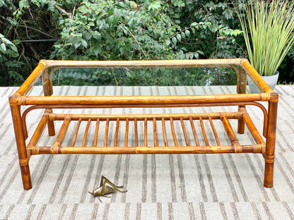 Vintage Bamboo Rattan Glass Top Coffee Table