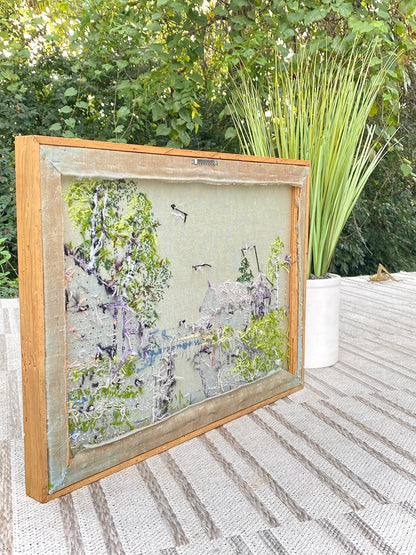 Vintage Mid Century Wood Frame Needle Point Art