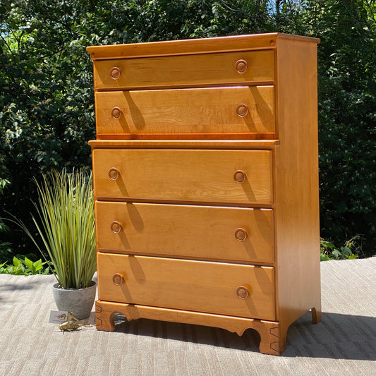 Vintage Thomasville Solid Maple Highboy 5 Drawer Dresser